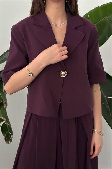 Toptan Mürdüm Tek Düğmeli Kısa Ceket Ve Etek Takım