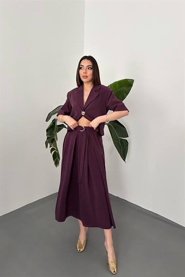 Toptan Mürdüm Tek Düğmeli Kısa Ceket Ve Etek Takım