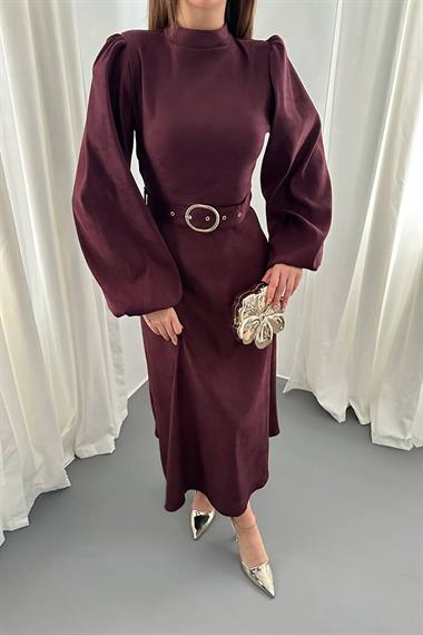 Wholesale Plum-colored dress with buckle detail and belt.