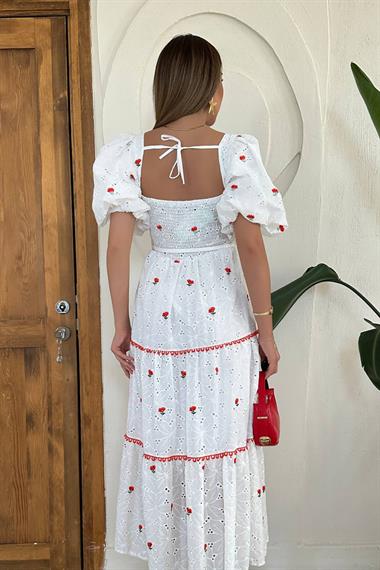 Toptan Nar Çiçeği Dantel Detaylı Brode Elbise