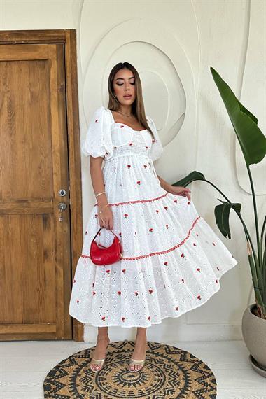 Toptan Nar Çiçeği Dantel Detaylı Brode Elbise