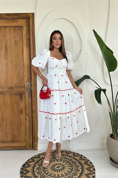 Toptan Nar Çiçeği Dantel Detaylı Brode Elbise