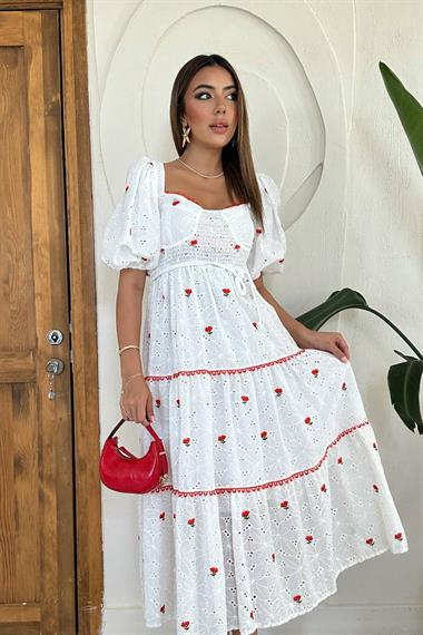 Toptan Nar Çiçeği Dantel Detaylı Brode Elbise