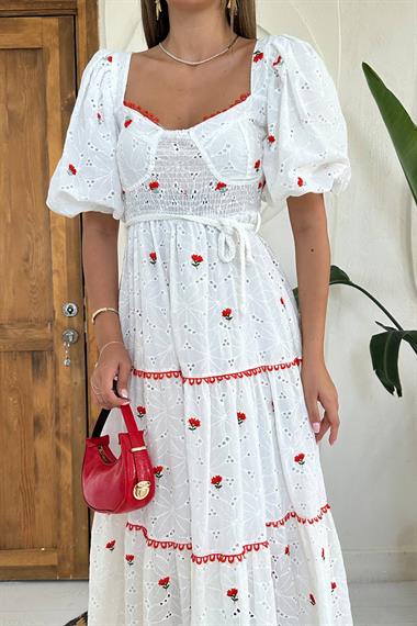 Toptan Nar Çiçeği Dantel Detaylı Brode Elbise