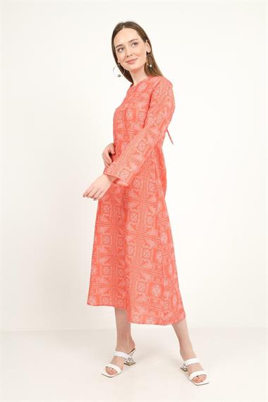 Toptan Nar Çiçeği Desenli Boyundan Bağlamalı Elbise