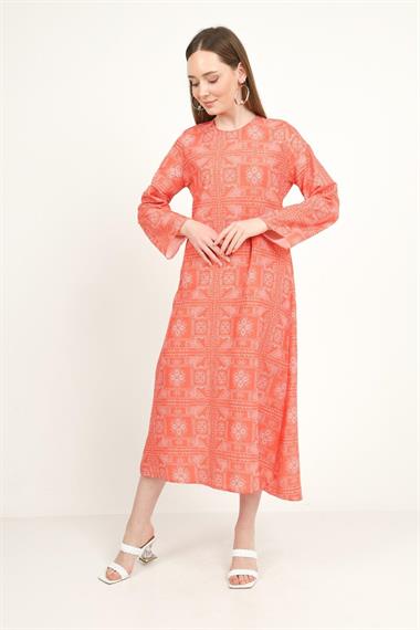 Toptan Nar Çiçeği Desenli Boyundan Bağlamalı Elbise