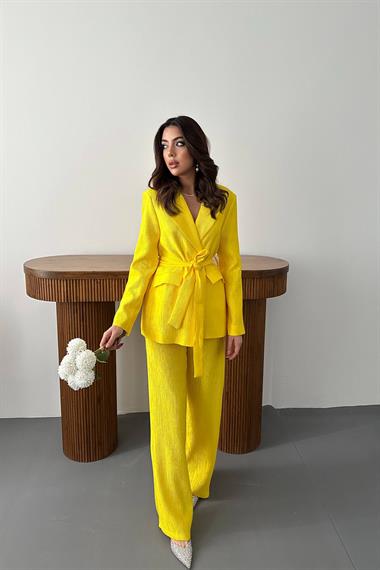 Toptan Neon Beli Kuşaklı Ceket ve Pantolon Parlak Takım