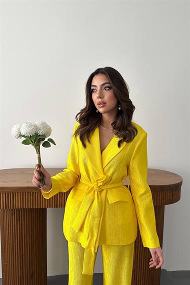 Toptan Neon Beli Kuşaklı Ceket ve Pantolon Parlak Takım
