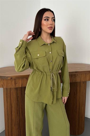 Toptan Olive Düğme Detaylı Gömlek Ve Nervürlü Pantolon Takım