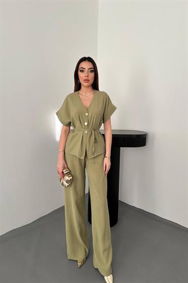 Toptan Olive Düğme Detaylı İkili Modal Takım