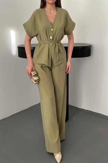 Toptan Olive Düğme Detaylı İkili Modal Takım