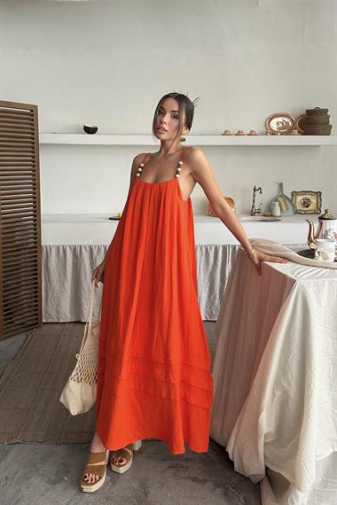 Toptan Oranj Askılı Müslin Elbise