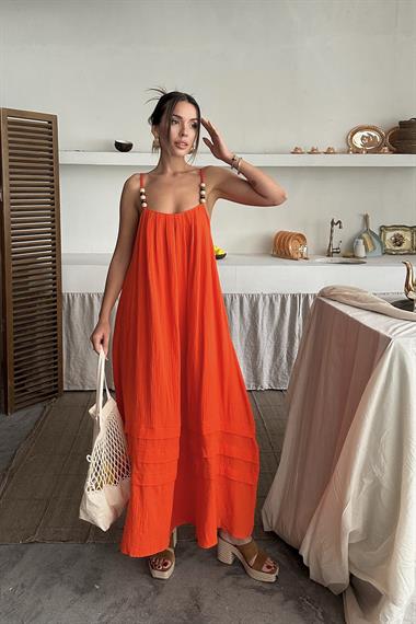 Toptan Oranj Askılı Müslin Elbise