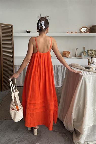 Toptan Oranj Askılı Müslin Elbise