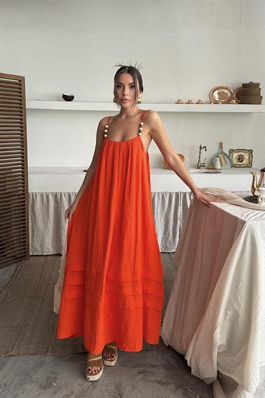 Toptan Oranj Askılı Müslin Elbise