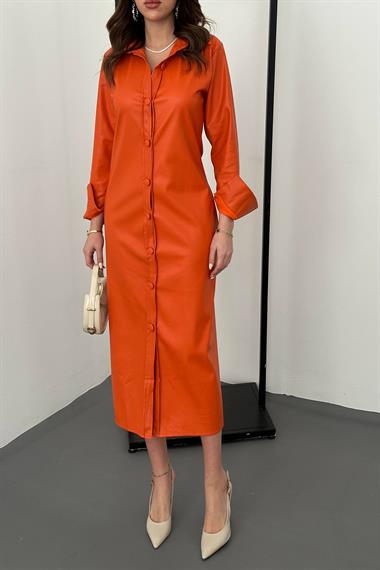 Toptan Oranj Boydan Düğmeli Deri Elbise