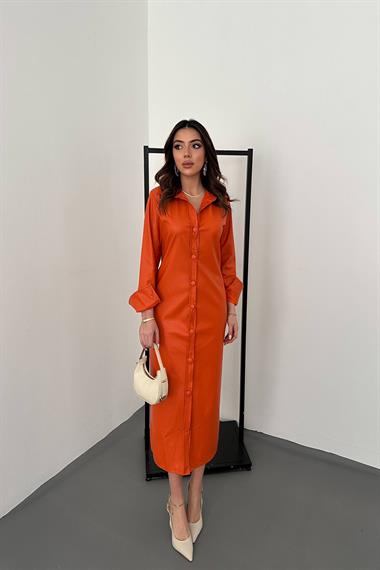 Toptan Oranj Boydan Düğmeli Deri Elbise