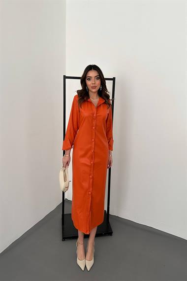 Toptan Oranj Boydan Düğmeli Deri Elbise
