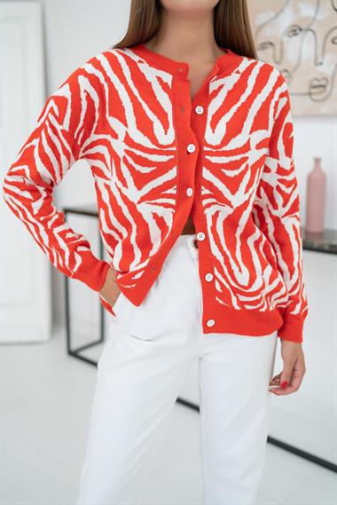 Wholesale Orange Patterned and Buttoned Short Cardigan