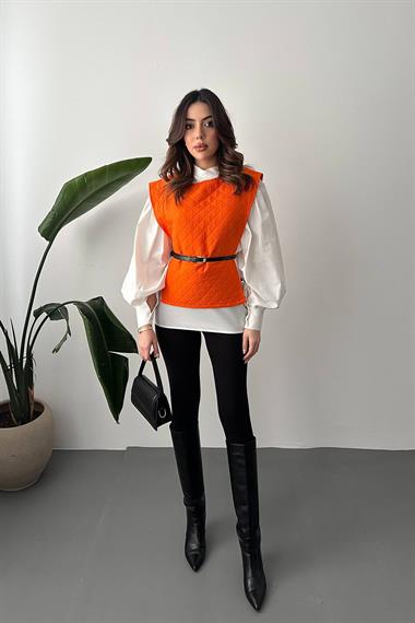 Toptan Oranj Kemerli Gömlek ve Panço Takım