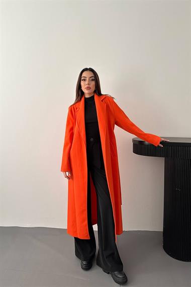 Toptan Oranj Kuşaklı Midi Kaban
