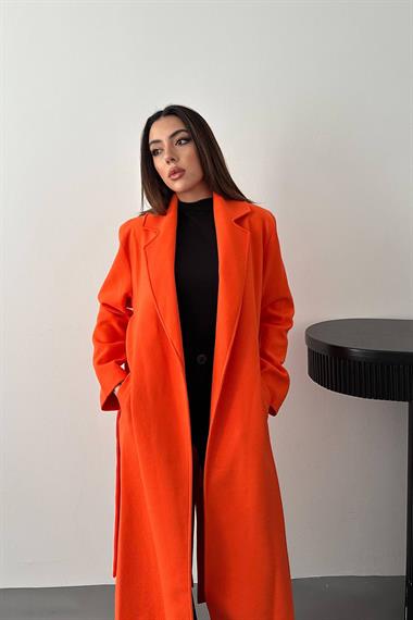 Toptan Oranj Kuşaklı Midi Kaban