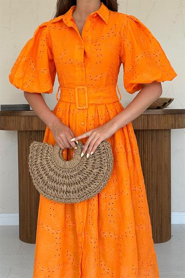 Toptan Oranj Pileli Balon Kol Elbise