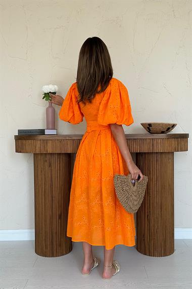Toptan Oranj Pileli Balon Kol Elbise