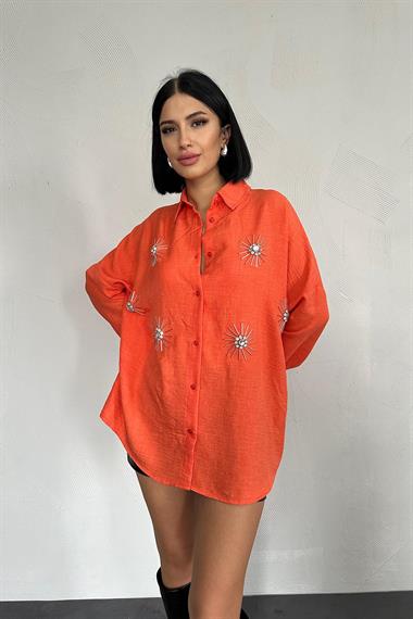 Wholesale Orange Stone Embroidered Shirt