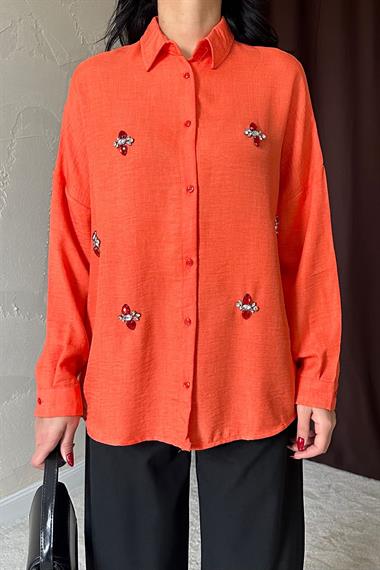 Wholesale Orange Stone Embroidered Shirt