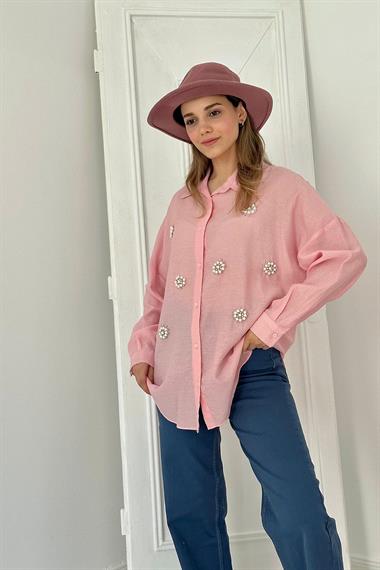 Toptan Pembe 8 Parça Taşlı Gömlek