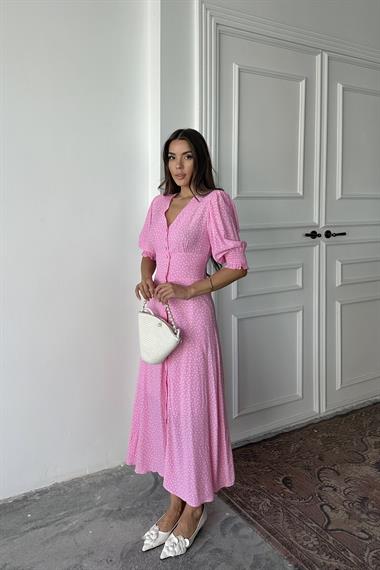 Toptan Pembe Arka ve Bel Ucu Gipeli Elbise