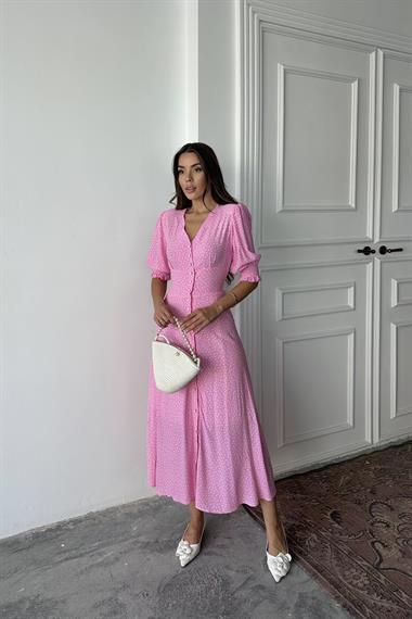 Toptan Pembe Arka ve Bel Ucu Gipeli Elbise