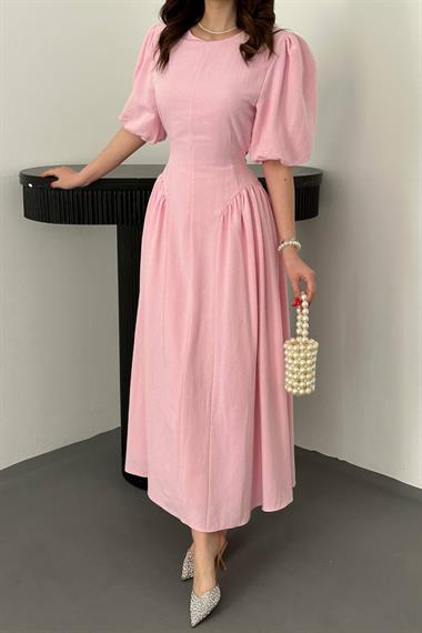 Toptan Pembe Arkadan Bağlamalı Büzgülü Keten Elbise