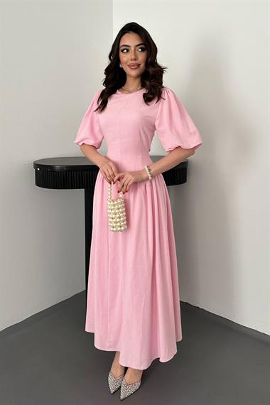Toptan Pembe Arkadan Bağlamalı Büzgülü Keten Elbise