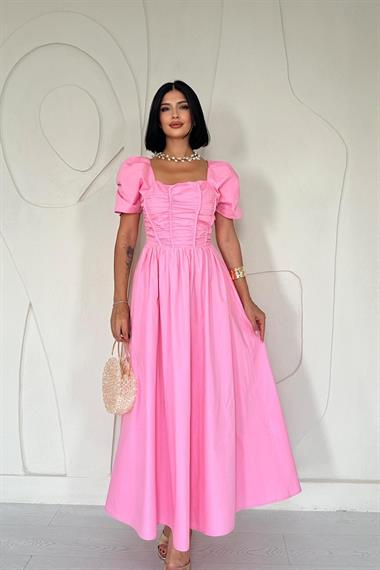Toptan Pembe Arkası Gipe Detaylı Elbise