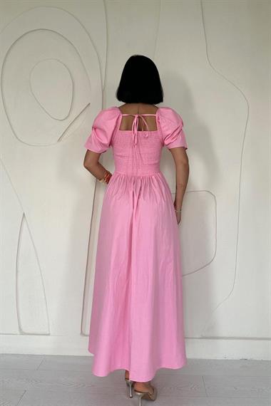 Toptan Pembe Arkası Gipe Detaylı Elbise