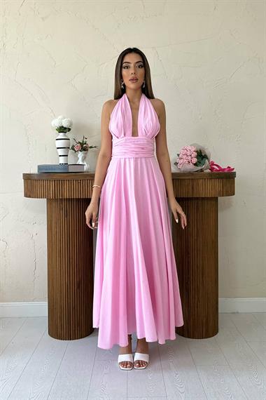 Toptan Pembe Askılı Keten Elbise