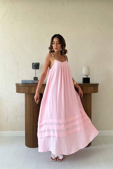 Toptan Pembe Askılı Müslin Elbise