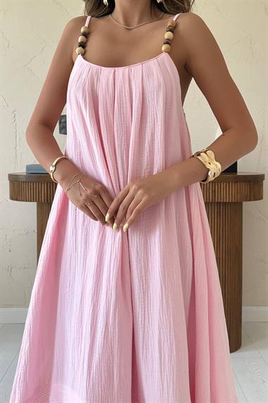 Toptan Pembe Askılı Müslin Elbise