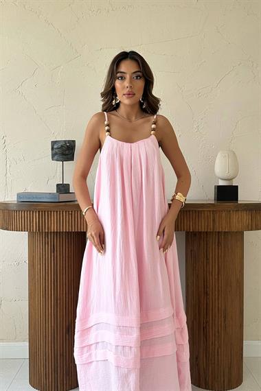 Toptan Pembe Askılı Müslin Elbise