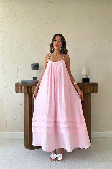 Toptan Pembe Askılı Müslin Elbise