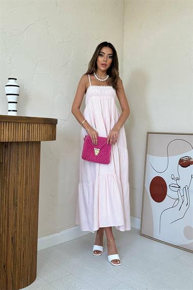 Toptan Pembe Askılı Parçalı Çizgili Müslin Elbise