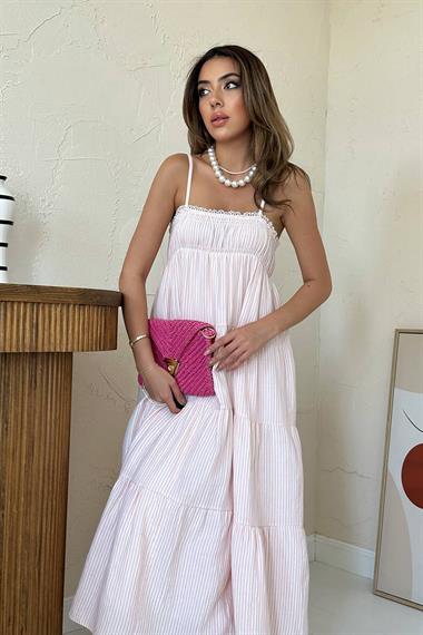 Toptan Pembe Askılı Parçalı Çizgili Müslin Elbise