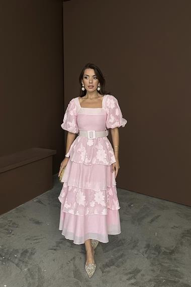 Toptan Pembe Balon Kollu Kat Kat Elbise