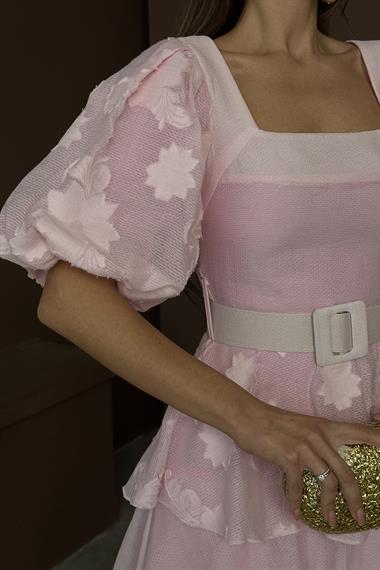 Toptan Pembe Balon Kollu Kat Kat Elbise