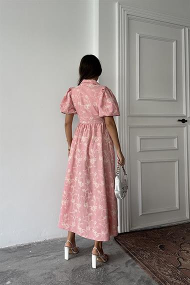 Toptan Pembe Bebe Yaka Balon Kollu Elbise