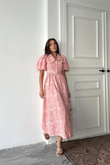 Toptan Pembe Bebe Yaka Balon Kollu Elbise