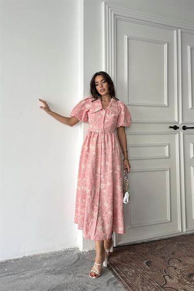 Toptan Pembe Bebe Yaka Balon Kollu Elbise