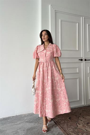 Toptan Pembe Bebe Yaka Balon Kollu Elbise